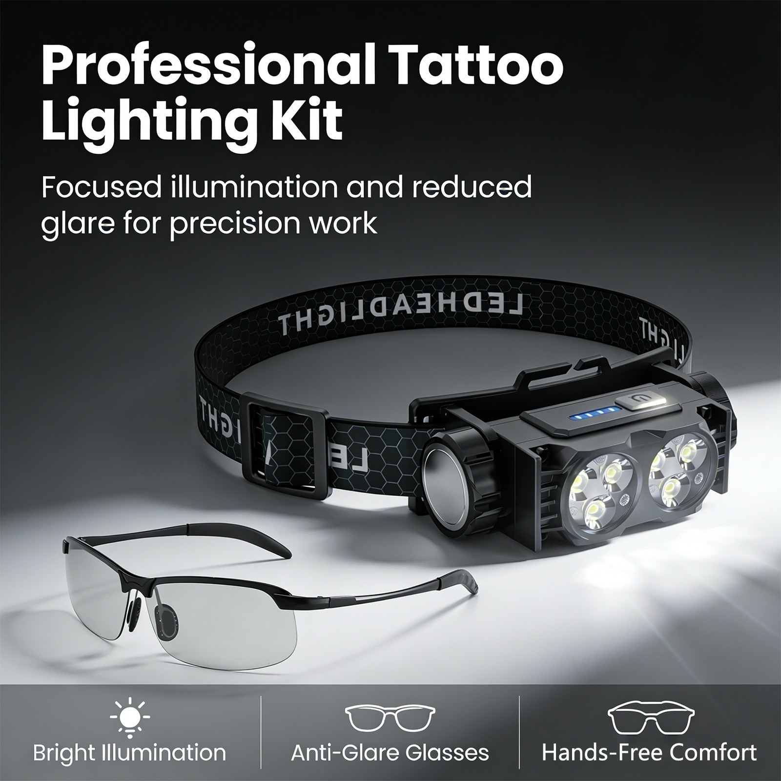 Tattoo Gizmo Ink Vision Pro Precision Lighting Kit – Rechargeable LED Head Lamp with Anti-Reflection Glasses Gallery